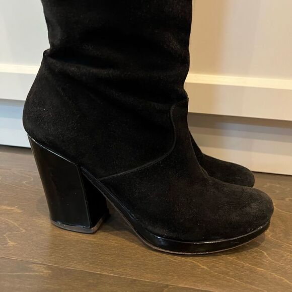 Robert Clergerie Black Boots Chunky Heel Suede Patent Leather Platform 6.5 - Picture 7 of 14
